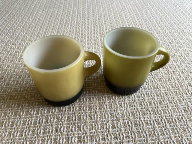 Anchor Hocking Fire King Vintage Oven Proof Green/Gold Stacking Mugs - Set of 2