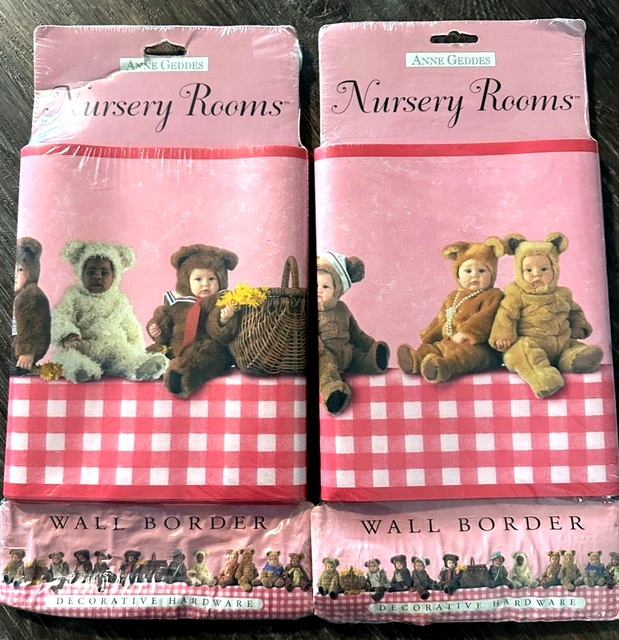 Vintage Anne Geddes Wallpaper Wall border Nursery Rooms Pink Check Bears 1997