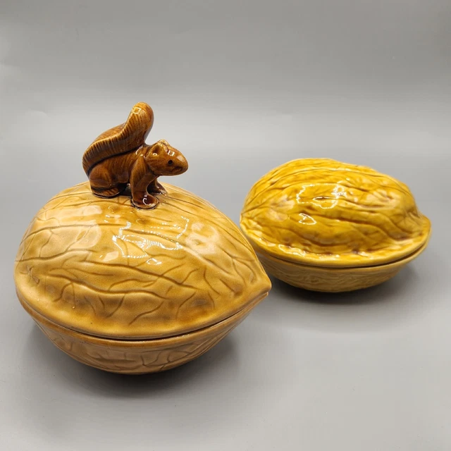 Lot of 2 Walnut shaped Bowl Lidded candy nut Dish Squirrel Ceramic