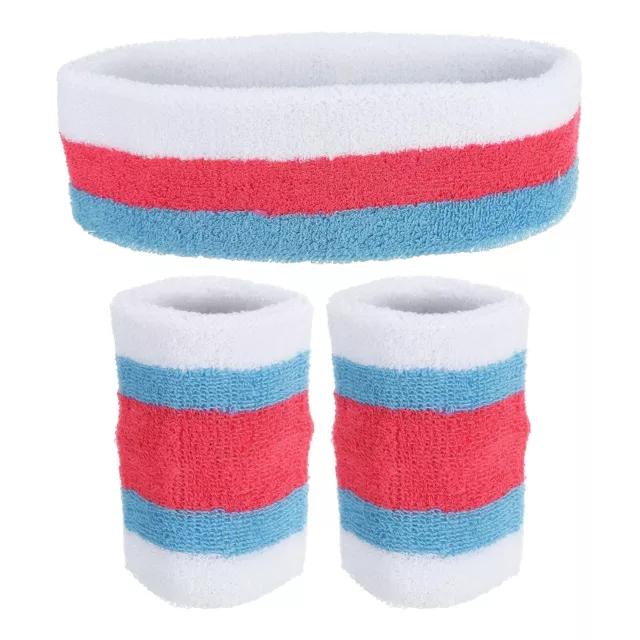 1 Headband & 2 Sport Wristbands Cotton Athletic Sweatband White, Blue, Red