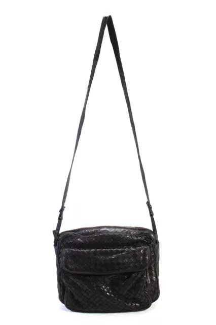 Bottega Veneta Womens Woven Leather Zippered Pocket Crossbody Handbag Black