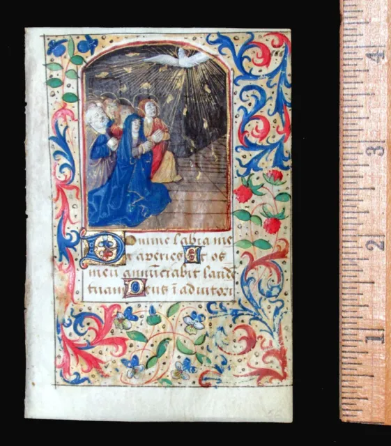 c. 1500 MEDIEVAL BOOK OF HOURS LEAF, FRANCE, PENTECOST ILLUMINATED MINIATURE
