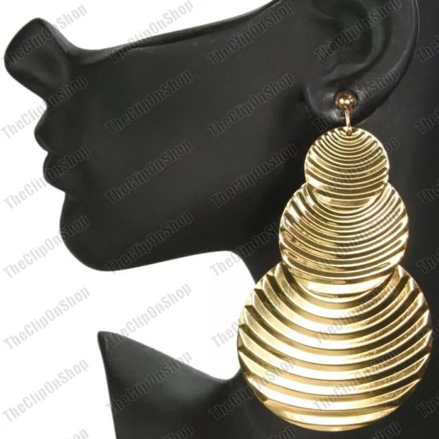 BIG CLIP ON EARRINGS 4"long BOHO drop GOLD FASHION corrugated metal CLIPS