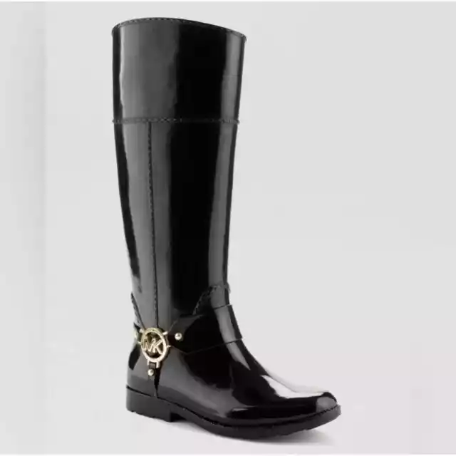 Michael Kors Fulton Harness Tall Rain Boots Womens Size 6 Black Gold Logo Gloss