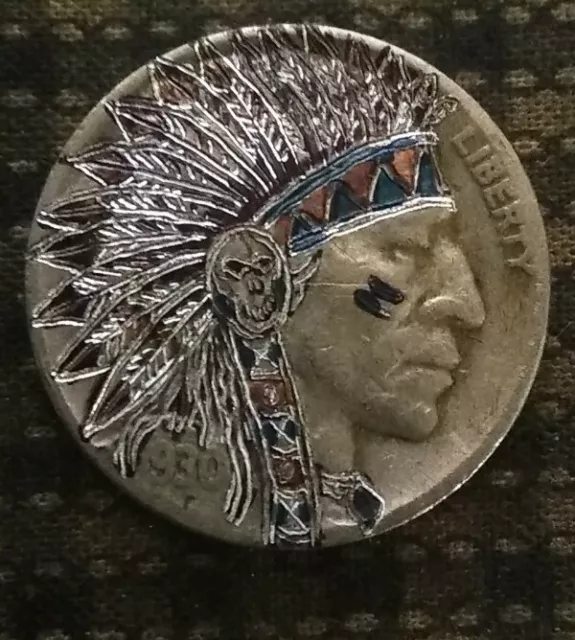 Hobo Nickel hand carved original by J&M Tarantula buffalo as Chief Running Moon 3