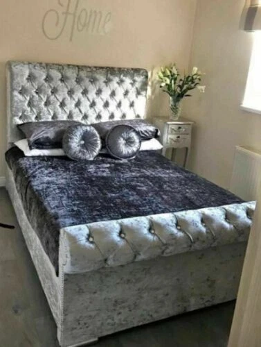 NEW SILVER CRUSHED Velvet Sleigh Scroll Chesterfield Bed Frame with ...