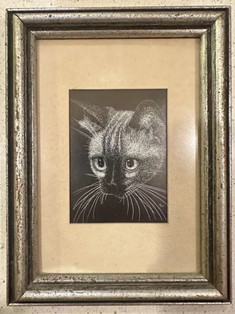 Vintage Cat Kitty Etched Print Signed R. Levy Framed 6.5” X 8.5”