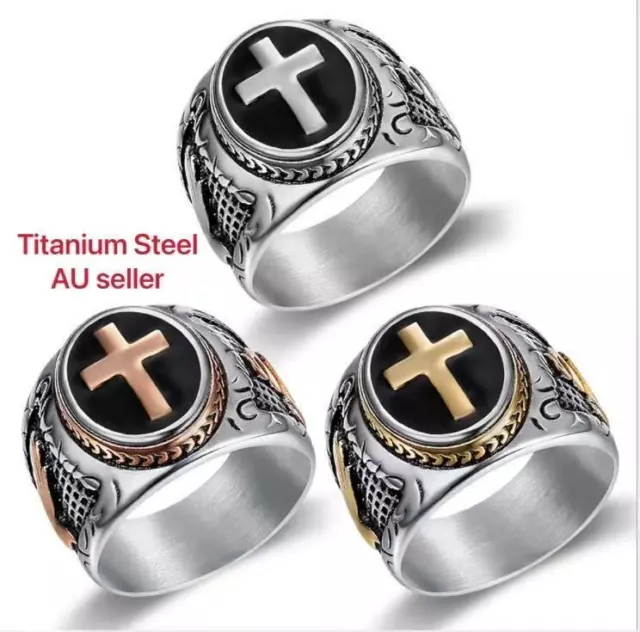 Titanium Steel Mens Biker Christian Holy Cross Prayer Religious Ring Size 9-13