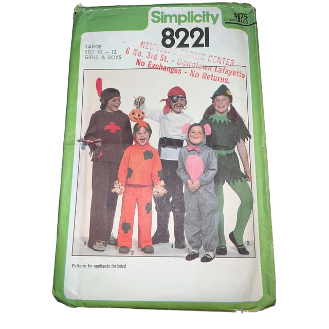 Simplicity #8221 Pattern Child Costume SZ L 10-12 Indian Pirate Mouse UNCUT