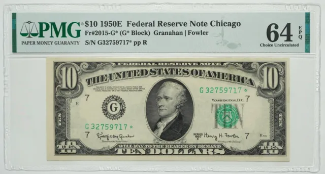 1950 E Series $10 Ten Dollar FRN Fr #2015-G* Granahan/Fowler PMG Graded 64 EPQ
