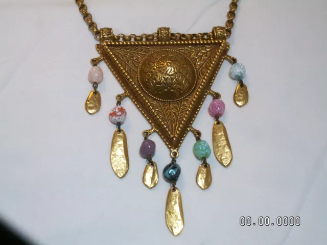 Rare Vintage Signé Goldette Ton Doré , Verre Artisanal Pendentifs Grand Collier