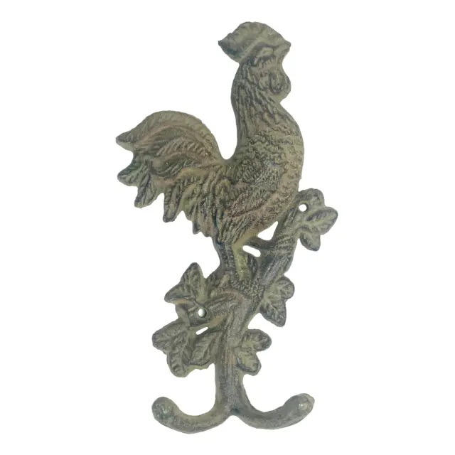 Cast Iron 9" Rooster Wall Double Hook Hanger - Farmhouse Country Rustic Decor