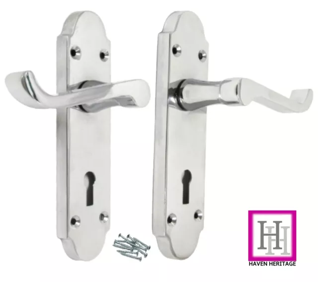 Door Handle Epsom Chrome Victorian Scroll on Shaped Back Plate Lever Lock Handle