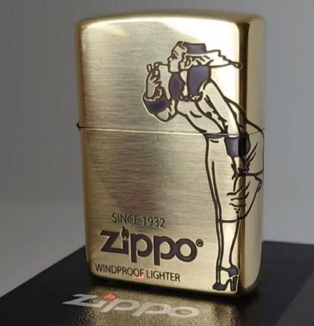 Zippo Lighter Old Design Windy Girl 2 Sided Etching Gold Brass Japan New