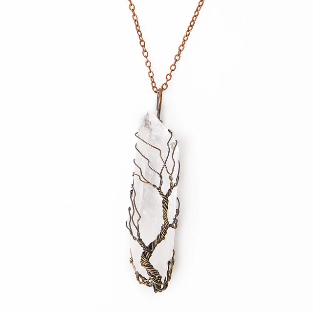 Clear Rainbow Crystal Tree Of Life Chakra Pendant Bronze Wire Wrap Necklace