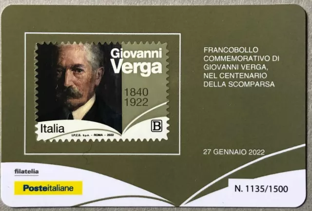 ITALIA 2022 GIOVANNI VERGA TESSERA FILATELICA FRANCOBOLLO tiratura 1500