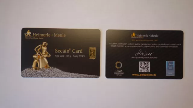 1 Goldbarren 0,5 g Gramm 999.9 Gold Heimerle und Meule Secain Card