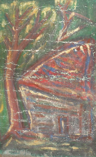 Ancienne Peinture À L'huile Expressionniste Paysage De Maison Forestière