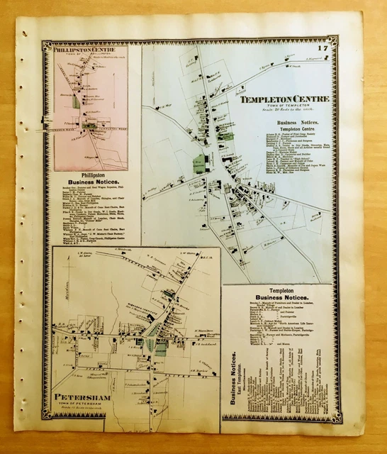ORIGINAL 1870 MAP TEMPLETON CENTRE Petersham + MA Massachusetts BEERS