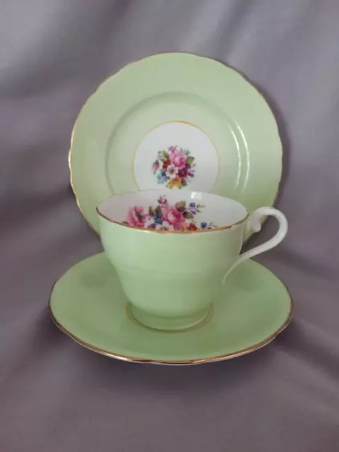 Vintage Aynsley Apple Green and Floral English Bone China Trio Great Condition