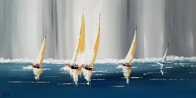 PEINTURE PIECE UNIQUE, tableau peinture au couteau, bateaux régate mer déco mur