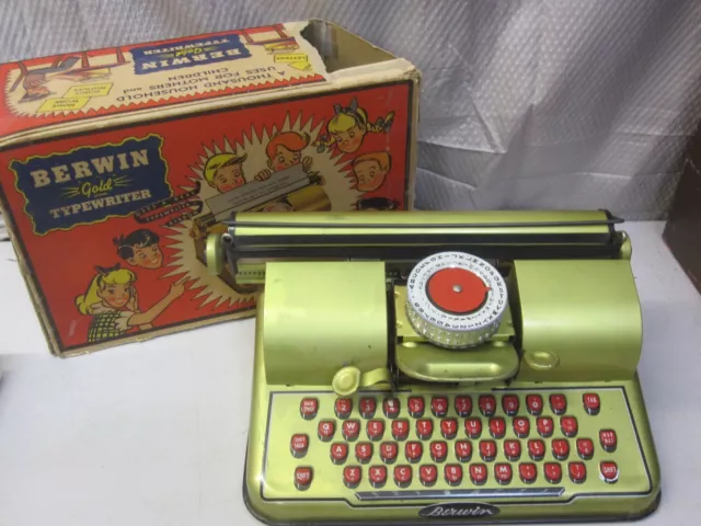 Vintage Berwin Litho Gold Toy Typewriter w Box  Berwin Corp. NJ USA