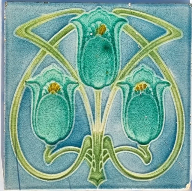 Stunning Antique Art Nouveau 6" x 6" Victorian Tile by Corn Bros circa 1900s