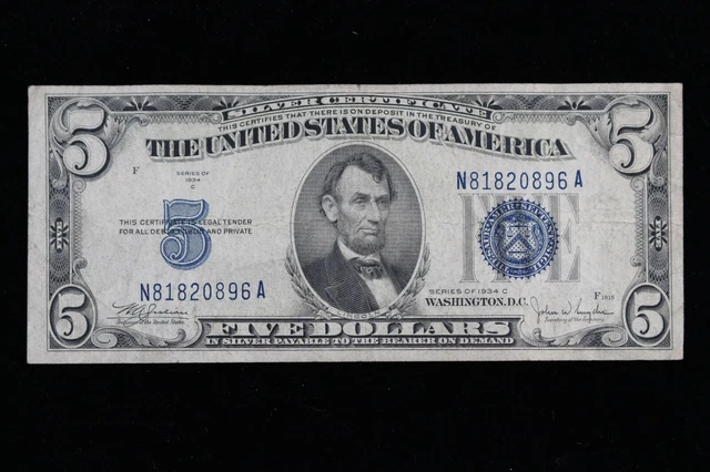 $5 1934C blue seal Silver Certificate Circulated N81820896A Exact Note Shown