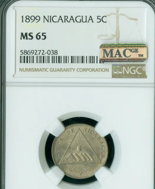 1899 Nicaragua 5 Centavo Ngc Ms65 Pq Mac Spotless Only 1 Finer Very Rare *