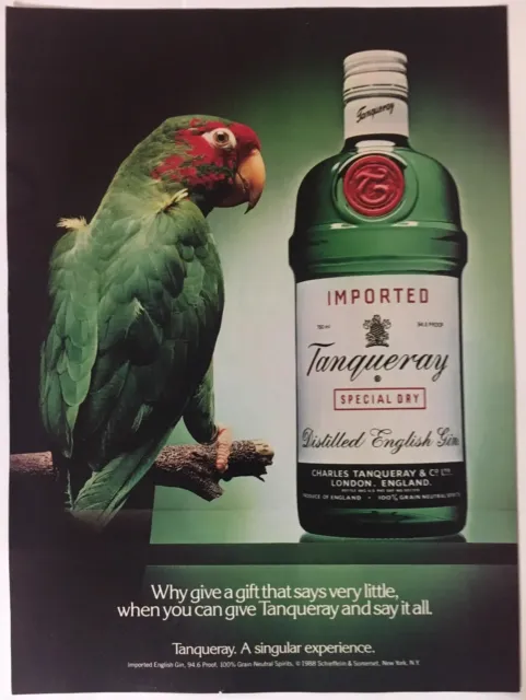 Tanqueray Gin Parrot 1988 Vintage Print Ad 8x11 Inches Wall Decor