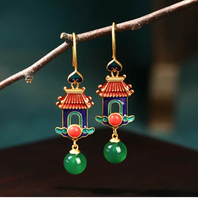 Gemstone Enamel Colored Gold Palace Retro 18k Gold Earrings