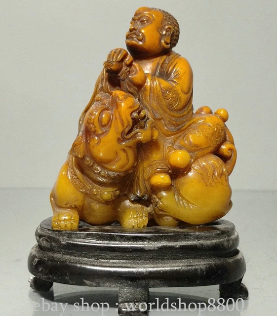 4.8" Old Chinese Tianhuang Shoushan Stone Handwork Carving Boy Beast Statue