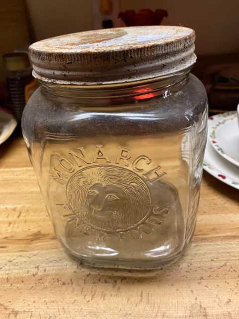 VTG 1940s MONARCH FINER FOODS Owens, Illinois 1 Gal Glass Jar Lions Head Graphic