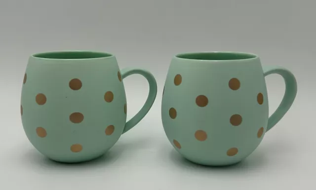 Robert Gordon Stoneware 350ml  Mint Green Hug  Mugs With  Gold Polka Dots X 2