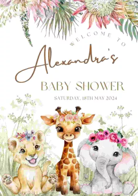 Printable A1 Custom Personalised Baby Shower WELCOME SIGN Safari Flowers Boho