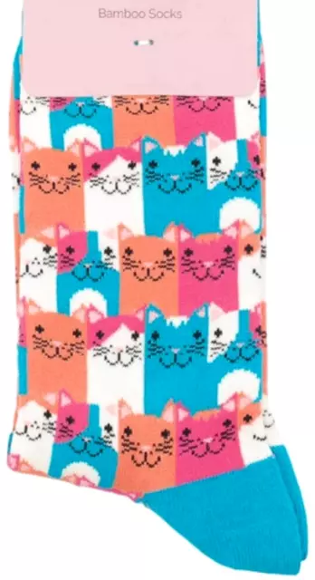 Cat Socks Ladies Blue Pink Orange Cats Print Fun Novelty Bamboo Cotton Kitty New