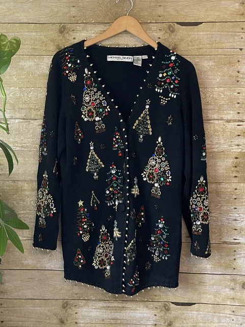 Michael Simon Christmas Trees Jeweled Sweater Cardigan Womens Size 1 Black Vtg