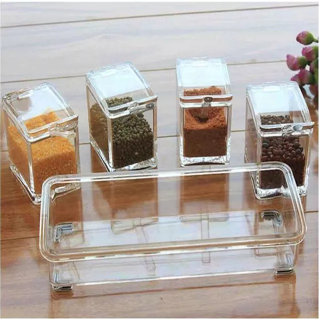 Spice Box Container with Spoons Condiment Dispenser Storage Acrlic Seasoning Jar