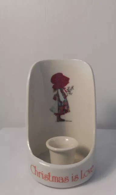 Holly Hobbie "Christmas Is Love" Girl In Patchwork Dress Porcelain Candle Holder