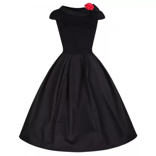 Black 1950s Swing Dress Lindy Bop with Red Flower Brooch Flared BNWT Size 10