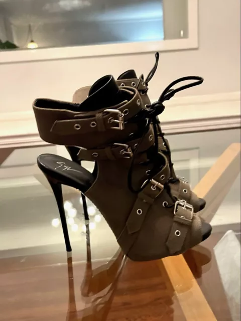 Giuseppe Zanotti Taupe Laceup Buckle Open Toe Booties 42