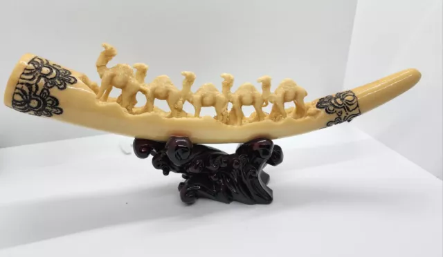 Vintage Chinese Or Japanese Carved Faux Ivory Tusk Bone Camel Caravan Sculpture