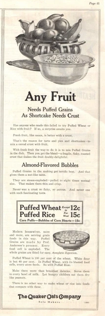 1916 Print Ad Quaker Oats Company Puffed Wheat Puffed Rice & Any Fruit YUM!
