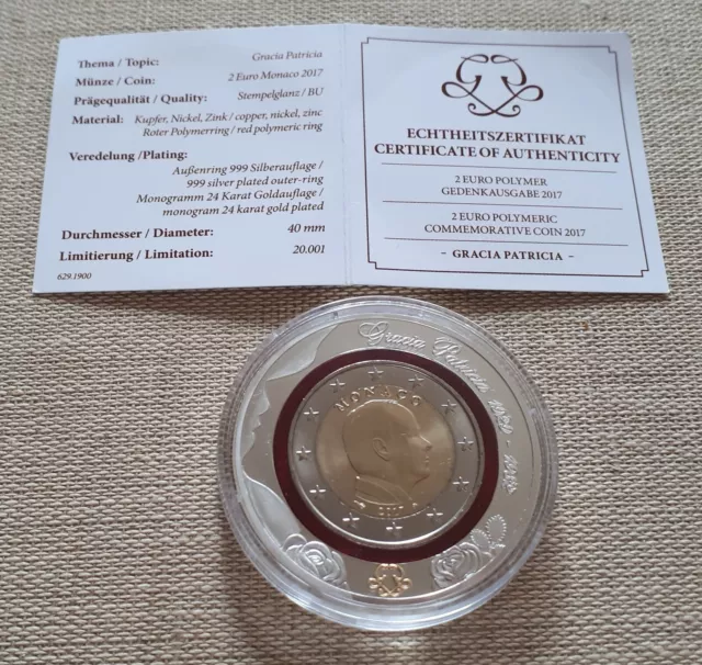 2 EURO MONACO 2017 " GRACIA PATRICIA ", Polymerring, versilbert + Vergoldet, BU