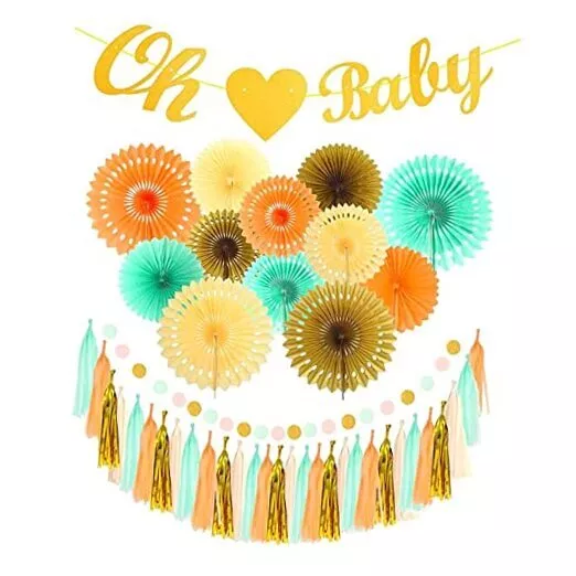 Oh Baby Heart Banner for Baby Shower, Mint Gold Glitter Peach Cream Mint-gold
