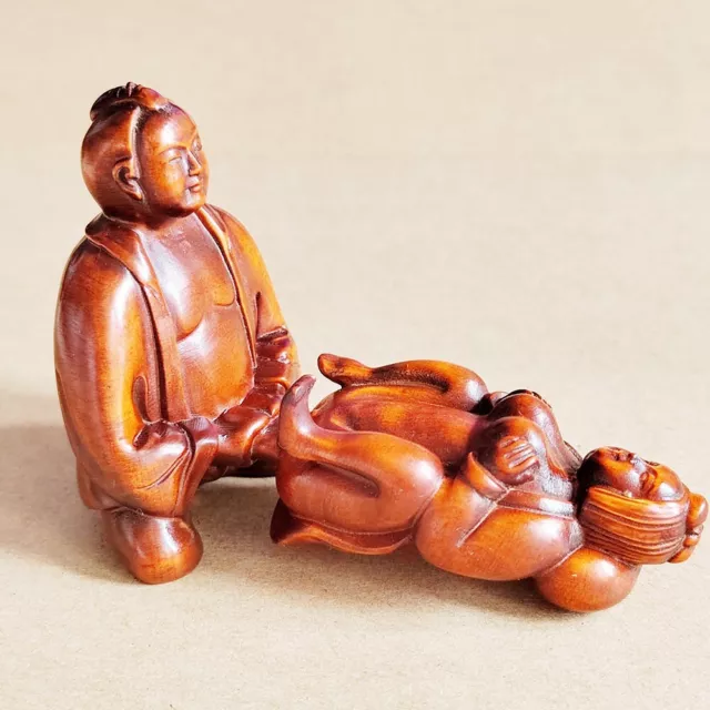X4702 - 2 " Hand Carved Boxwood Netsuke Figurine Carving - Oriental Couple Love