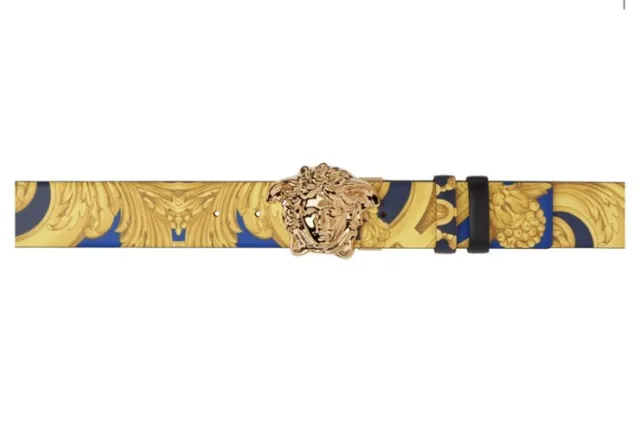 $650 Mens VERSACE Medusa Leather Belt Barocco Blue/Gold 85EU 30US