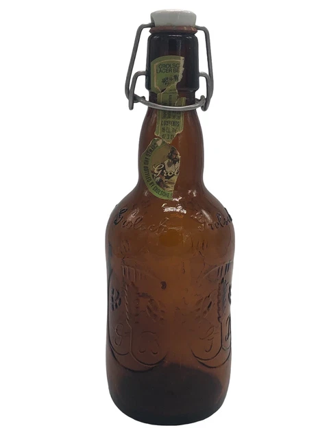 Old Vintage Grolsch Amber Brown, Beer Bottle with Porcelain Swing Top Lid  