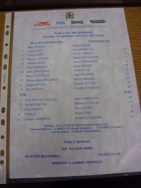 18/09/2004 Colour Teamsheet: Blackburn Rovers v Portsmouth  . Thanks for viewing