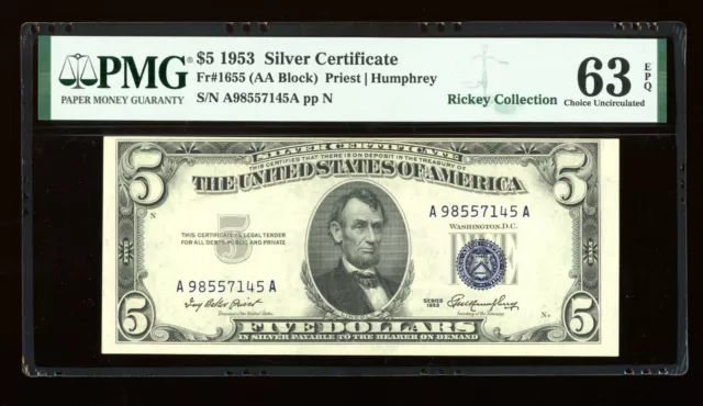 DBR $5 1953 Silver Fr. 1655 AA Block PMG 63 EPQ Serial A98557145A